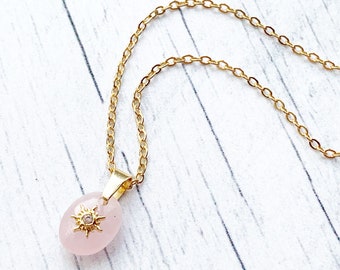 Rose Quartz Necklace with Star, Small Gemstone Necklace, Pink Semi Precious Stone, Nugget Pendant