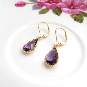 Amethyst Pear Earrings In Gold, Gold Teardrop Earrings with Leverback Hypo Allergenic Hooks, Bridesmaids Gift, Wedding Party