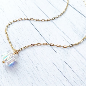 Crystal Cube Necklace on Paperclip Chain, Cubist, Minimalist Jewelry, 18kt Gold Stainless Steel