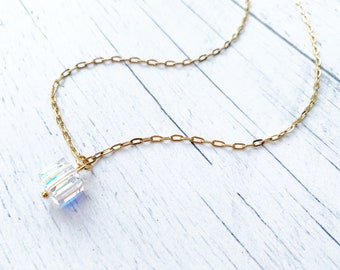 Crystal Cube Necklace on Paperclip Chain, Cubist, Minimalist Jewelry, 18kt Gold Stainless Steel