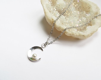 Silver Moon Necklace With Pearl, Celestial Pendant, Stainless Steel Chain