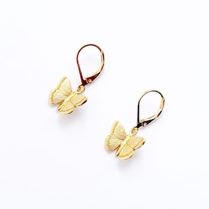 Gold Butterfly Earrings, Dangly Earrings, Hypo Allergenic Leverback Hooks