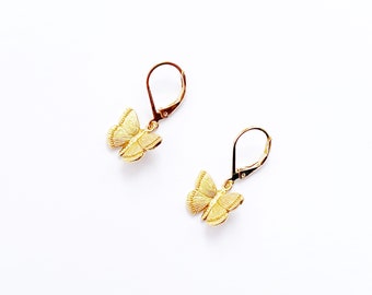 Gold Butterfly Earrings, Dangly Earrings, Hypo Allergenic Leverback Hooks
