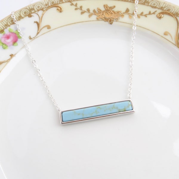 Turquoise Bar Necklace, Delicate Turquoise Necklace, Horizontal Bar Necklace, Layering Necklace In Silver