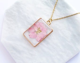 Real Flower Necklace, Pink Pendant, Pressed Flower Jewelry, Flower Necklace in Gold, Rhododendron