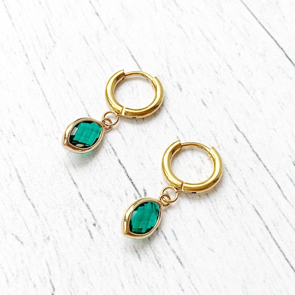 Emerald Hoop Earrings, Dainty Dangle Earrings, May Birthstone Earrings, Green Crystal Earrings, Stainless Steel, Huggie Hoops