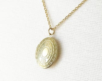Gold Oval Locket, Vintage Brass Locket, Antique Locket Necklace