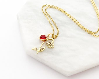 January Birth Month Flower Birthstone Necklace, Gold Flower Necklace, Personalized Gift, Custom Jewelry, Snowdrop, Garnet, Waterproof