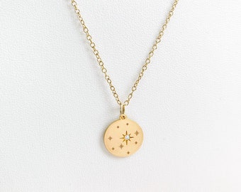 Celestial Necklace With Opal, Gold Star Necklace, Stamped Neckace, Everyday Simple Necklace