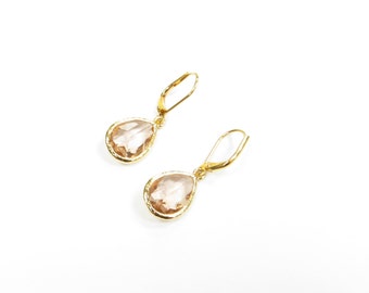 Boucles d'oreilles pêche champagne en or, boucles d'oreilles en forme de larme dorées avec crochets hypoallergéniques à effet de levier, cadeau de demoiselles d'honneur, fête de mariage