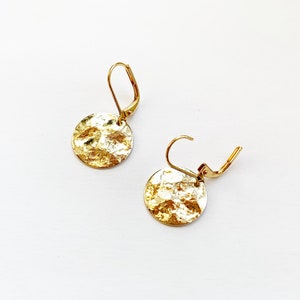 Hammered Disc Gold Earrings, Dangly Round Earrings, Hypo Allergenic Leverback Hooks, Disks image 6