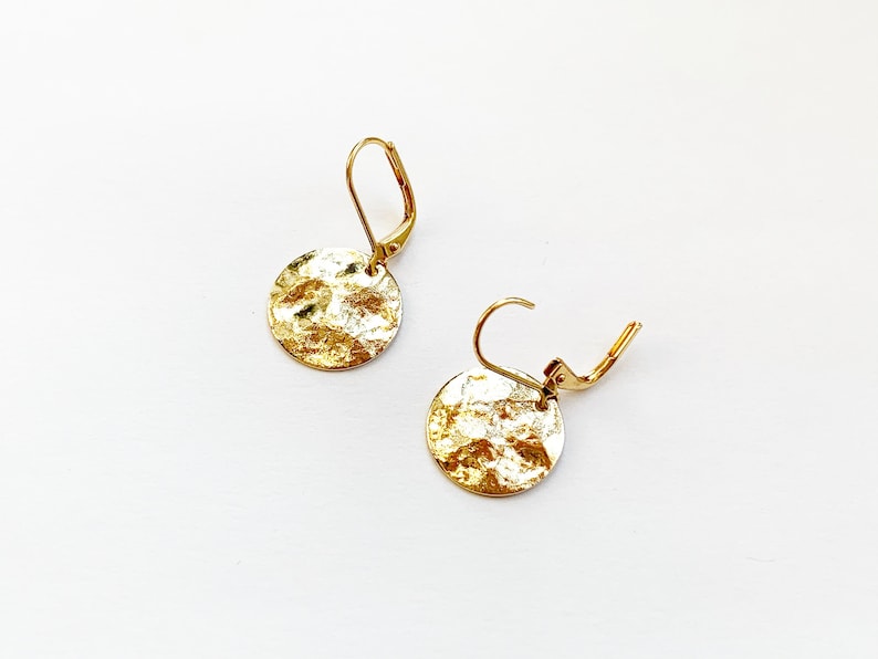 Hammered Disc Gold Earrings, Dangly Round Earrings, Hypo Allergenic Leverback Hooks, Disks image 6