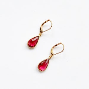 Ruby Teardrop Earrings In Gold, Gold Pear Earrings with Leverback Hypo Allergenic Hooks, Bridesmaids Gift, July Birthstone