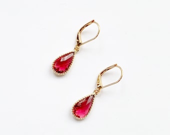 Ruby Teardrop Earrings In Gold, Gold Pear Earrings with Leverback Hypo Allergenic Hooks, Bridesmaids Gift, July Birthstone