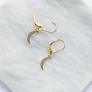 Dainty Moon Earrings in Gold, Lever Back Hooks, Secure Earrings, CZ Earrings image 2