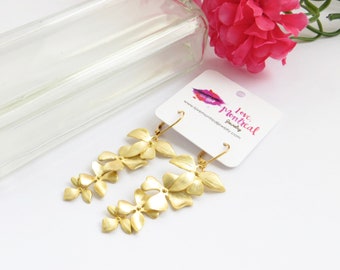 Gold Orchid Earrings, Cascading Flowers, Falling Flowers Earrings, Gold Plate, Long Earrings, Bridesmaid Gift