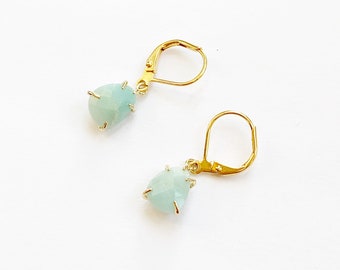 Jade Gold Earrings, Mint Blue And Gold Gemstone Earrings, Dangle Earrings, Hypo Allergenic Leverback Hooks, Semi Precious Stones