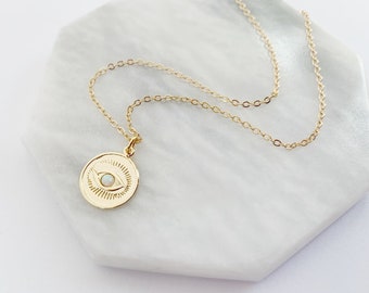 Evil Eye Opal Necklace in 14kt Gold Plate, Delicate Layering Necklace, Everyday Minimalist Jewelry, Protection Charm