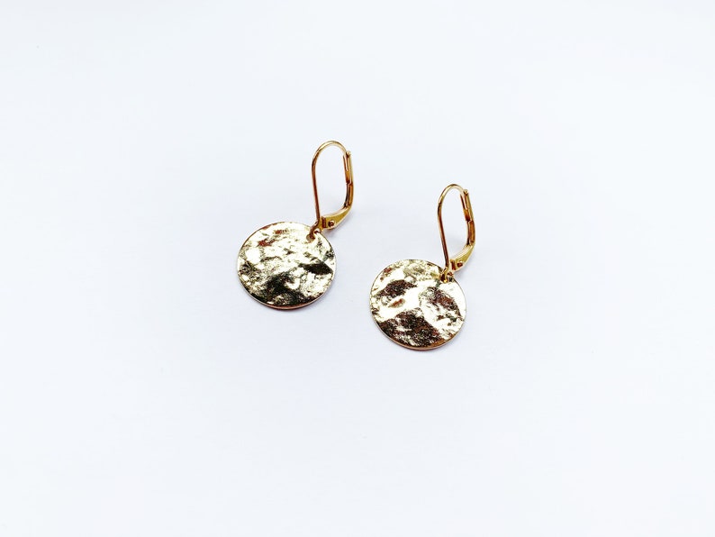 Hammered Disc Gold Earrings, Dangly Round Earrings, Hypo Allergenic Leverback Hooks, Disks image 4