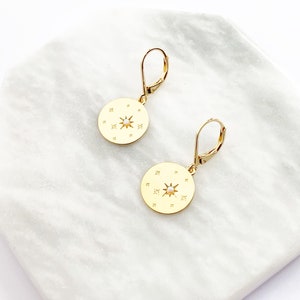 Celestial Opal Earrings, Round Star Earrings, Gold Hypo Allergenic, Stamped Earrings, Disc Earrings