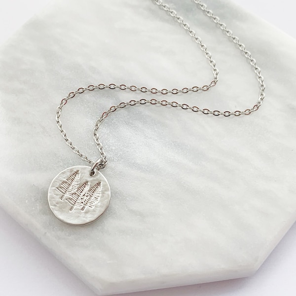 Forest Necklace in Silver, Hand Stamped Pine Tree Pendant, 3 Trees Pendant, Evergreens, Camping Jewelry