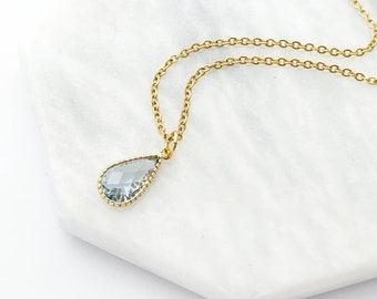 Aquamarine Teardrop Necklace Pendant, March Birthstone Necklace, Simple Pear Pendant, Blue Crystal Pendant