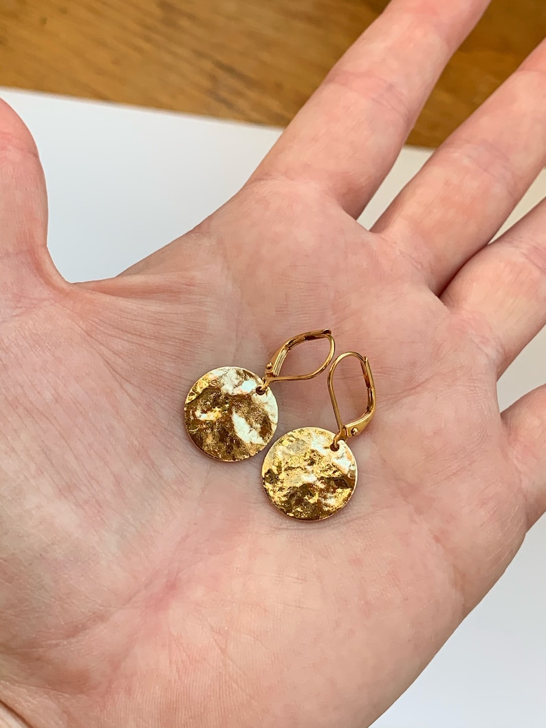 Hammered Disc Gold Earrings, Dangly Round Earrings, Hypo Allergenic Leverback Hooks, Disks image 8