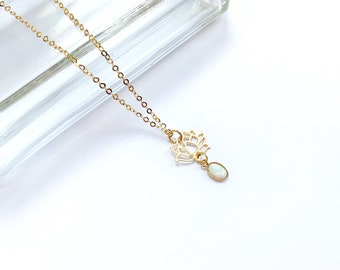 Opal Lotus Necklace in 14kt Gold Plate, Delicate Layering Necklace, Everyday Minimalist Jewelry