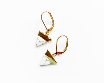 White Marble Triangle Earrings, Small Gold Earrings, Geometric Earrings, Howlite Semi Precious Stone Earrings
