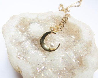 Gold Moon Necklace With Pearl, Celestial Pendant