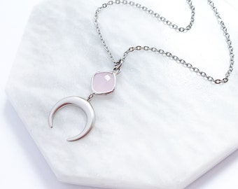 Rose Quartz Moon Necklace in Silver, Rose Quartz Gemstone, Charm Necklace, Crescent Moon Pendant, Stainless Steel