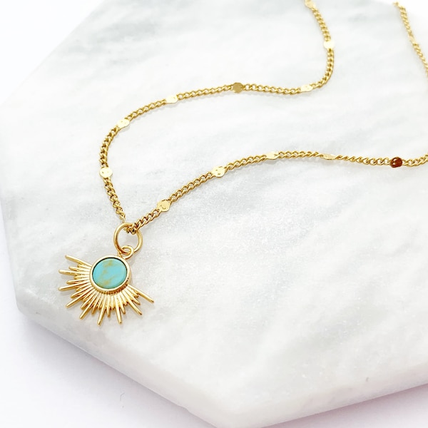 Sun Necklace, Delicate Turquoise Necklace, Layering Necklace, Star Necklace, Semi Precious Stone