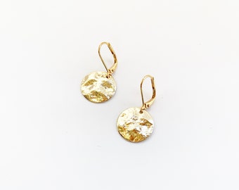 Hammered Disc Gold Earrings, Dangly Round Earrings, Hypo Allergenic Leverback Hooks, Disks