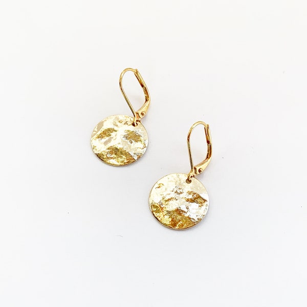 Hammered Disc Gold Earrings, Dangly Round Earrings, Hypo Allergenic Leverback Hooks, Disks