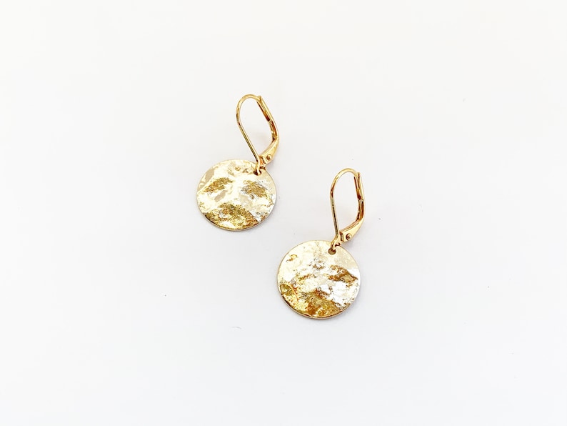 Hammered Disc Gold Earrings, Dangly Round Earrings, Hypo Allergenic Leverback Hooks, Disks image 1