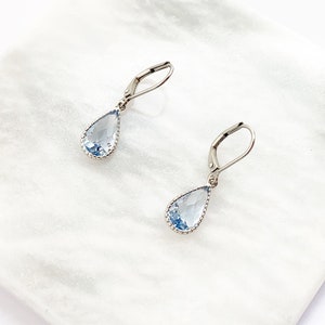 Aquamarine Teardrop Earrings, Silver Pear Earrings with Leverback Hypo Allergenic Hooks, March Birthstone, Blue Crystal, Stainless Steel