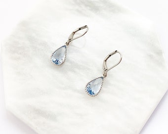 Aquamarine Teardrop Earrings, Silver Pear Earrings with Leverback Hypo Allergenic Hooks, March Birthstone, Blue Crystal, Stainless Steel