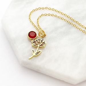 July Birth Month Flower Birthstone Necklace, Gold Flower Necklace, Personalized Gift, Custom Jewelry, Lily, Ruby Necklace,Waterproof Jewelry