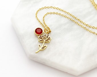 July Birth Month Flower Birthstone Necklace, Gold Flower Necklace, Personalized Gift, Custom Jewelry, Lily, Ruby Necklace,Waterproof Jewelry