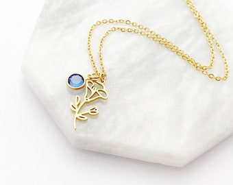 September Birth Month Flower Birthstone Necklace, Gold Flower Necklace, Personalized Gift, Morning Glory, Sapphire, Waterproof Jewelry