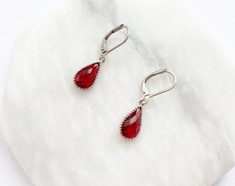 Garnet Teardrop Earrings In Silver, Pear Earrings with Leverback Hypo Allergenic Hooks, January Birthstone, Red Crystal, Stainless Steel