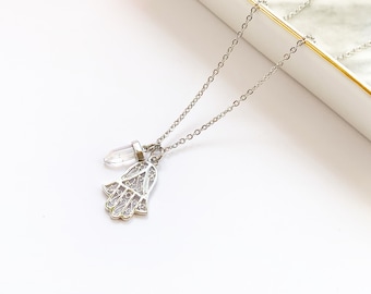 Hamsa Necklace with Quartz, Stainless Steel Hamsa Necklace, Hand of Fatima Pendant, Spiritual Necklace, Yoga Jewelry, Silver