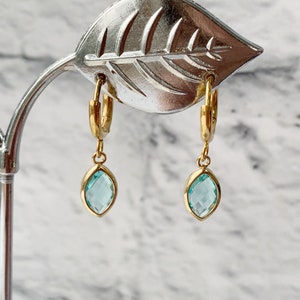 Aquamarine Hoop Earrings, Dainty Dangle Earrings, March Birthstone Earrings, Blue Crystal Earrings, Stainless Steel, Huggie Hoops