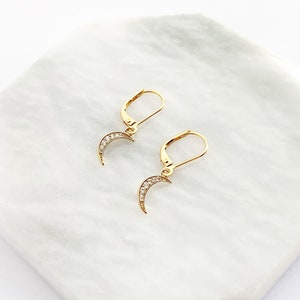 Dainty Moon Earrings in Gold, Lever Back Hooks, Secure Earrings, CZ Earrings image 1