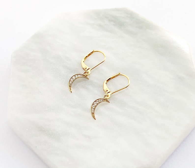 Dainty Moon Earrings in Gold, Lever Back Hooks, Secure Earrings, CZ Earrings image 1