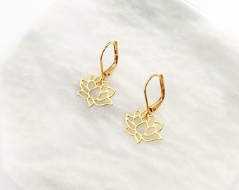 Gold Lotus Earrings, Dangly Charm Earrings on Hypo Allergenic Hooks, Flower Petals, Lightweight Earrings