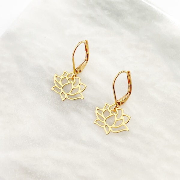 Gold Lotus Earrings, Dangly Charm Earrings on Hypo Allergenic Hooks, Flower Petals, Lightweight Earrings