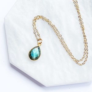 Labradorite Gemstone Necklace, Semi Precious Stone, Pear Pendant, Blue Green Stone, Gold Necklace