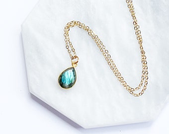 Labradorite Gemstone Necklace, Semi Precious Stone, Pear Pendant, Blue Green Stone, Gold Necklace