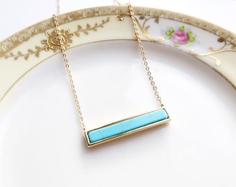 Colar com Barra Turquesa, Colar Delicado com Turquesa, Colar com Barra Horizontal, Colar para Usar em Camadas